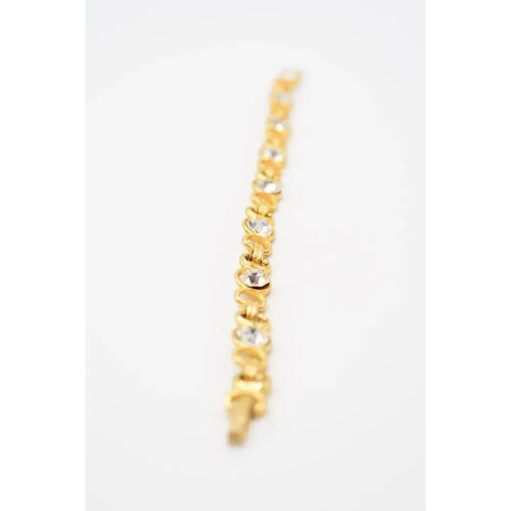 Vintage Tennis Bracelet Clear White Rhinestone Crystal Gold Chain Linked Bin8